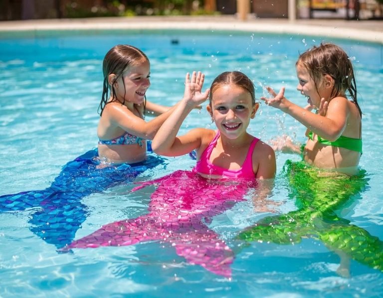 Young girls wearing mermaid tails during a Mermaids & Bubbles swim lesson at Chudleigh Outdoor Pool, South Devon